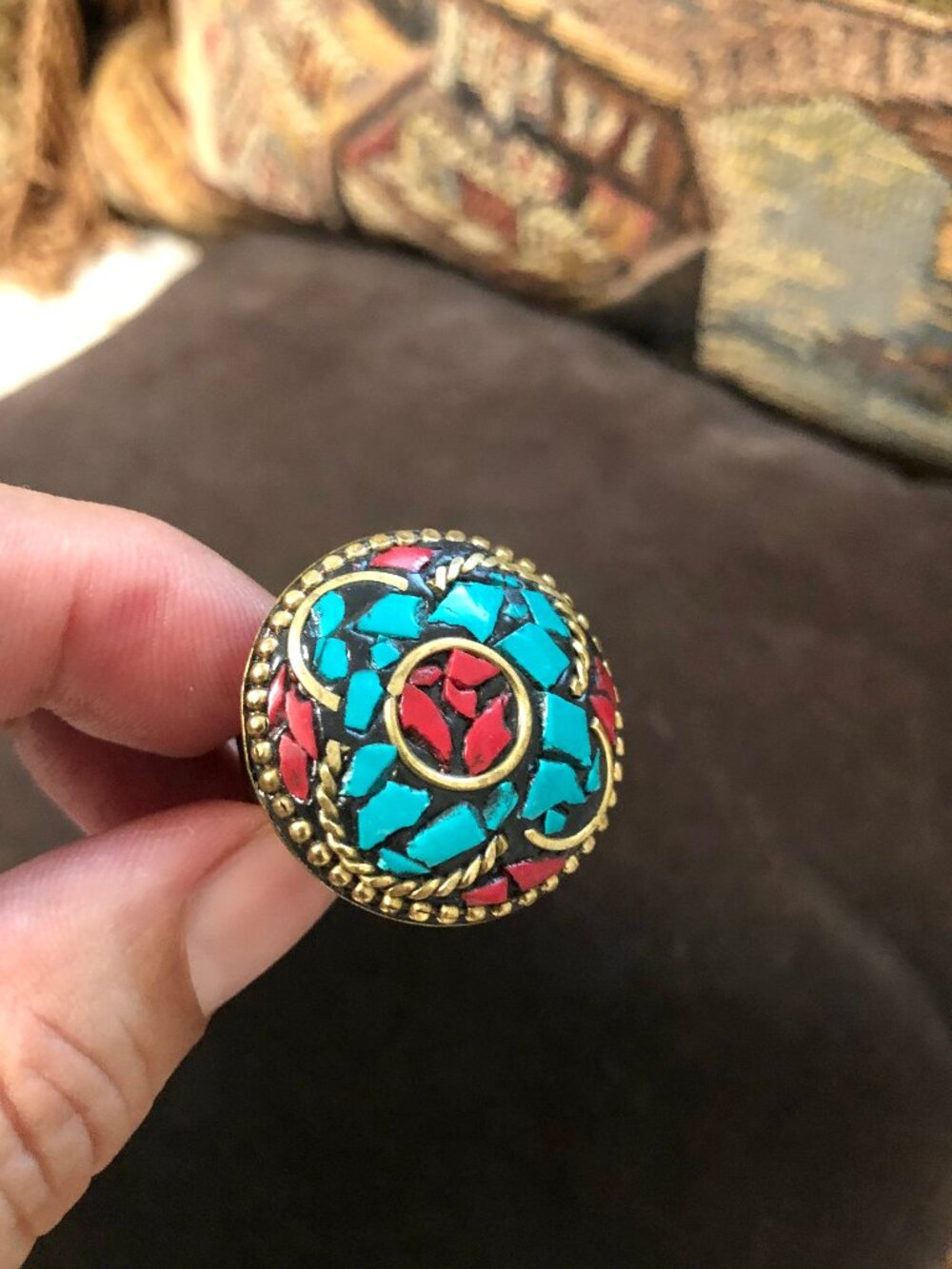 Bohemian Ring Mosaic Four Leaf Clover Gold Tone Brass Size 10